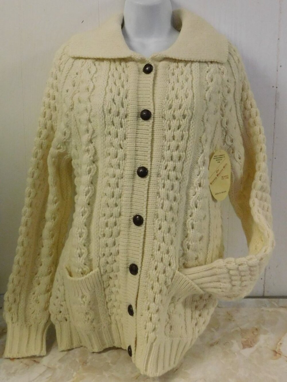The Blarney Woollen Mills Handloomed Wool Cable Sweater Cardigan NWT